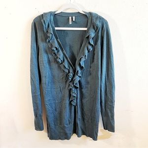 Caslon Cardigan Teal Ruffled Collar V Neck Button Front Sz L EUC Long Sleeves